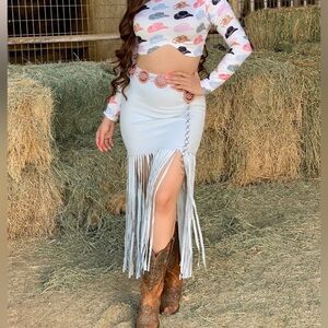 Valeria’s Boutique NEW Light blue/ bone suede fringe midi skirt